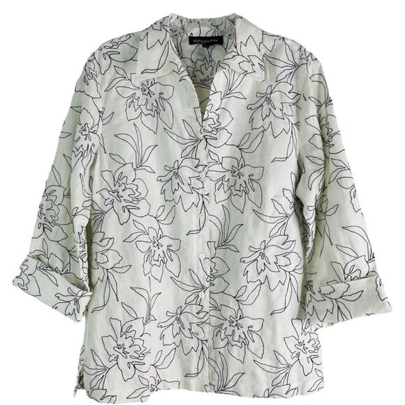 Jones NY white black linen floral embroidered button front coastal top medium - Picture 1 of 8